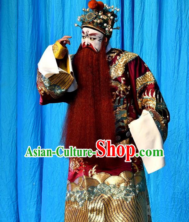 A Honey Trap Chinese Peking Opera King Garment Costumes and Headwear Beijing Opera Apparels Elderly Male Emperor Sun Quan Clothing