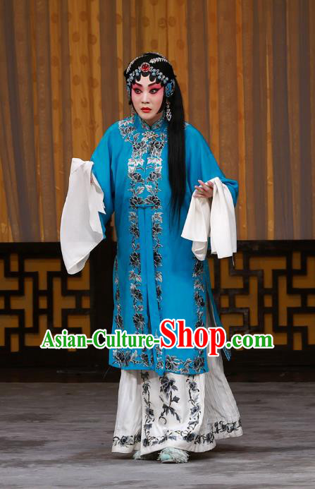 Chinese Beijing Opera Distress Woman Apparels Costumes and Headdress The Mirror of Fortune Traditional Peking Opera Tsing Yi Blue Dress Garment