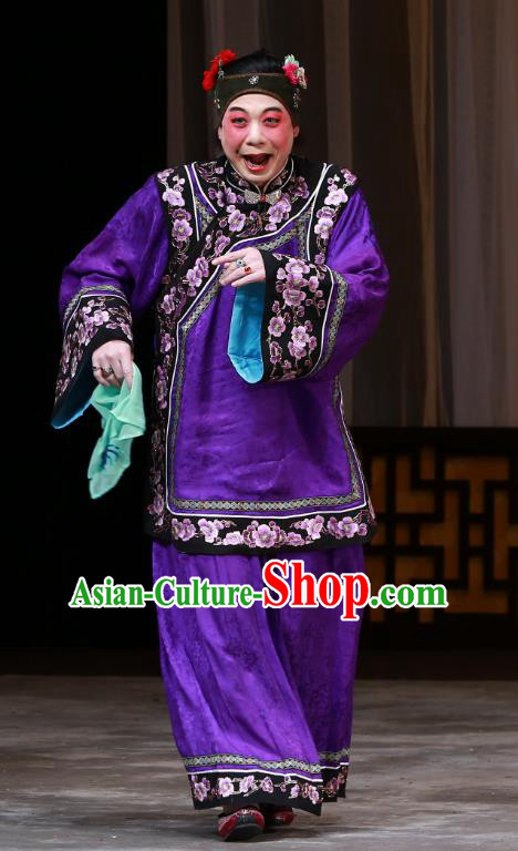 Chinese Beijing Opera Woman Matchmaker Apparels Costumes and Headdress The Mirror of Fortune Traditional Peking Opera Elderly Female Purple Dress Garment