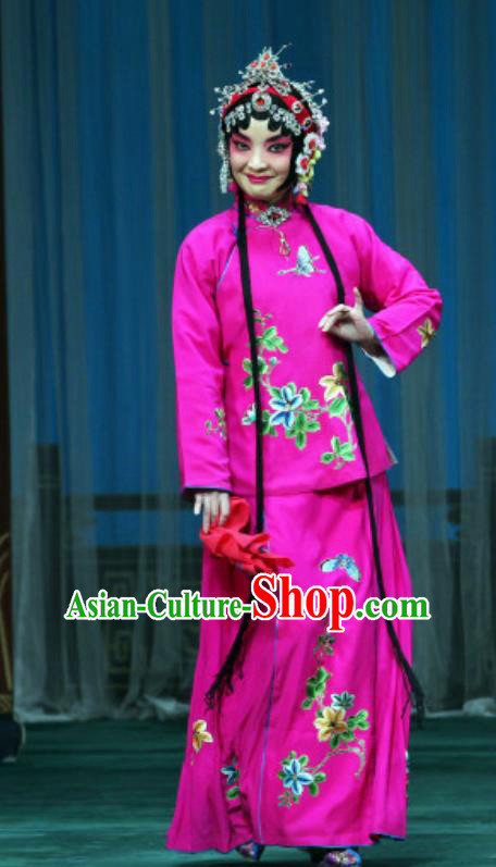 Chinese Beijing Opera Treacherous Woman Apparels Costumes and Headdress The Mirror of Fortune Traditional Peking Opera Consort Rosy Dress Actress Garment