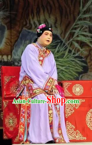 Chinese Beijing Opera Elderly Woman Apparels Costumes and Headdress The Mirror of Fortune Traditional Peking Opera Dame Purple Dress Garment