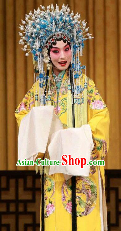 Chinese Beijing Opera Actress Diva Apparels Costumes and Headdress Princess Yinping Traditional Peking Opera Hua Tan Yellow Dress Garment