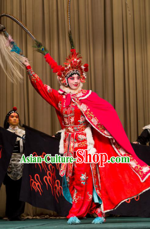 Chinese Beijing Opera Actress Apparels Costumes and Headdress Qing Shi Mountain Traditional Peking Opera Fairy Fox Red Dress Female Swordsman Garment