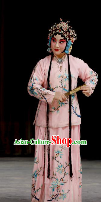 Chinese Beijing Opera Young Female Apparels Costumes and Headdress Qing Shi Mountain Traditional Peking Opera Fairy Fox Actress Pink Dress Garment