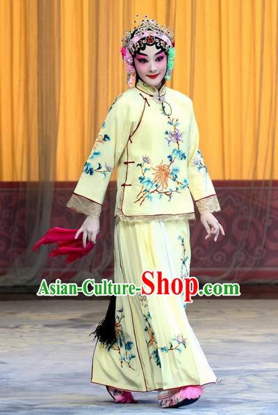 Chinese Beijing Opera Young Lady Apparels Costumes and Headpieces Xin An Yi Traditional Peking Opera Diva Zhao Meirong Yellow Dress Actress Garment