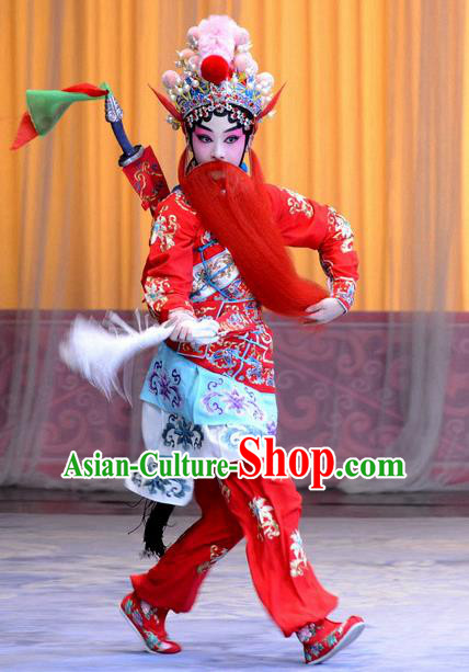 Chinese Beijing Opera Swordswoman Red Apparels Costumes and Headpieces Xin An Yi Traditional Peking Opera Martial Female Luo Yan Dress Garment