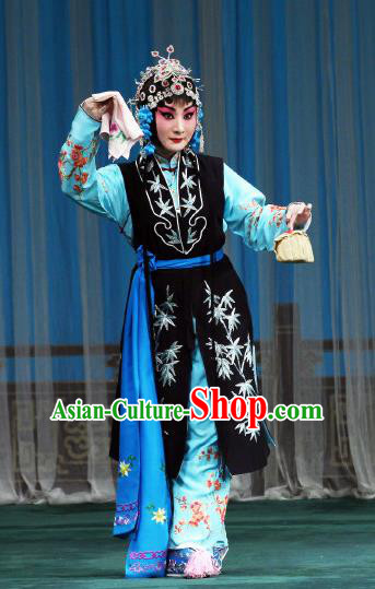 Chinese Beijing Opera Young Lady Apparels Maidservant Shou Chun Costumes and Headdress The Mirror of Fortune Traditional Peking Opera Xiaodan Dress Garment