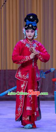 Chinese Beijing Opera Swordswoman Red Apparels Costumes and Headdress Traditional Peking Opera Young Lady Dress Xiaodan Garment