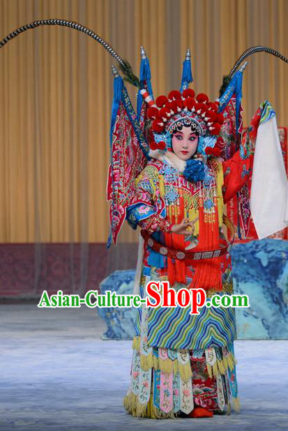 Chinese Beijing Opera Tao Ma Tan Zhang Yue E Apparels Costumes and Headdress Hong Tao Shan Traditional Peking Opera Female General Kao Armor Suit with Flags Dress Garment