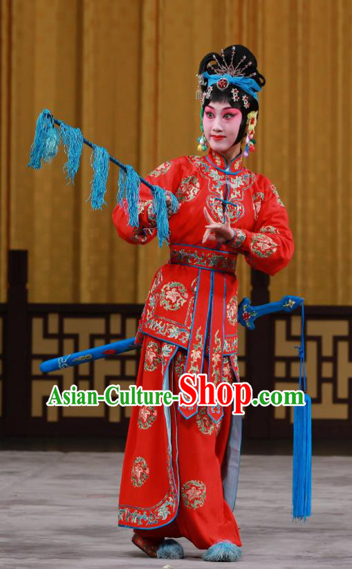 Chinese Beijing Opera Wu Dan Red Apparels Costumes and Headdress Traditional Peking Opera Princess Shuangyang Dress Martial Female Garment