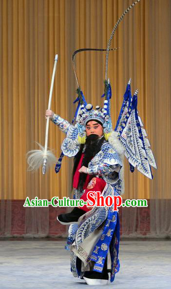 Hong Tao Shan Chinese Peking Opera Elderly Male Garment Costumes and Headwear Beijing Opera General Lin Chong Apparels Kao Armor Suit with Flags Clothing