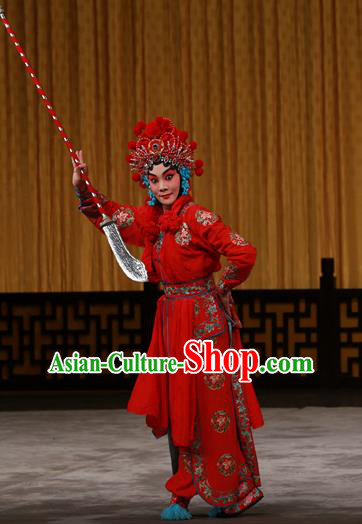 Chinese Beijing Opera Martial Female Apparels Costumes and Headdress Hongqiao with the Pearl Traditional Peking Opera Swordswoman Red Dress Garment