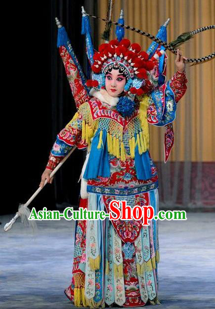 Chinese Beijing Opera Wudan Kao Armor Suit with Flags Zhang Yue E Apparels Costumes and Headdress Hong Tao Shan Traditional Peking Opera General Dress Garment