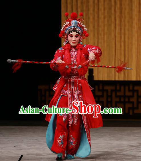 Chinese Beijing Opera Female Swordsman Apparels Costumes and Headdress Hongqiao with the Pearl Traditional Peking Opera Martial Lady Ling Bo Red Dress Garment