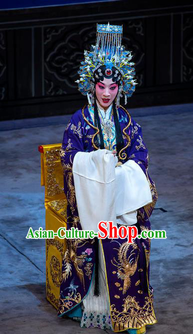 Chinese Beijing Opera Palace Queen Apparels Actress Costumes and Headdress Anecdote of Wu Zetian Traditional Peking Opera Court Empress Blue Dress Garment