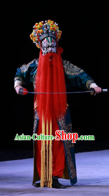 Kirin Pavilion Chinese Peking Opera Wusheng Martial Male Garment Costumes and Headwear Beijing Opera Apparels Swordsman Blue Clothing