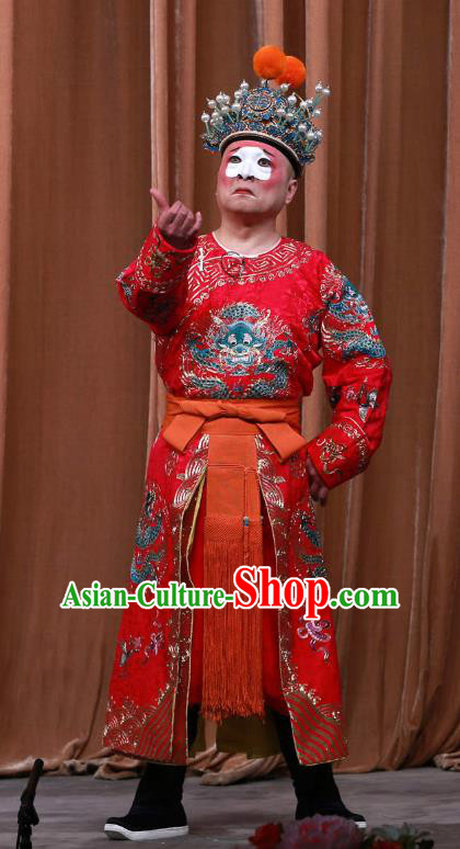 Fa Men Temple Chinese Peking Opera Chou Garment Costumes and Headwear Beijing Opera Clown Red Apparels Clothing