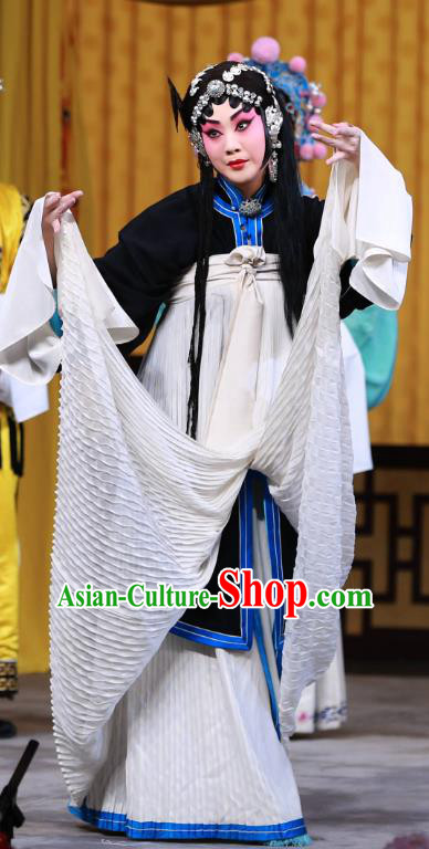 Chinese Beijing Opera Distress Maiden Apparels Young Female Costumes and Headdress Fa Men Temple Traditional Peking Opera Tsing Yi Dress Garment