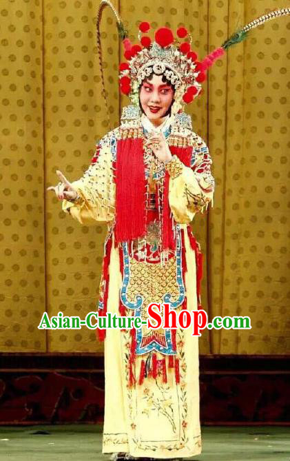 Chinese Beijing Opera Martial Female Infanta Chai Apparels Costumes and Headdress Number One Scholar Matchmaker Traditional Peking Opera Wu Dan Dress Garment