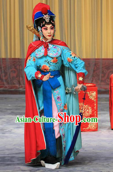 Chinese Beijing Opera Swordswoman Apparels Costumes and Headdress Kirin Pavilion Traditional Peking Opera Martial Female Blue Dress Diva Garment