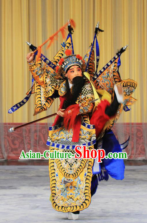 Kirin Pavilion Chinese Peking Opera General Armor Garment Costumes and Headwear Beijing Opera Takefu Apparels Kao Suit with Flags Clothing