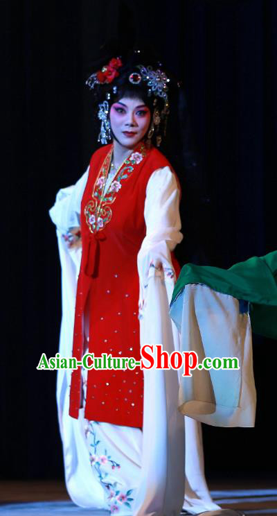 Chinese Beijing Opera Young Beauty Apparels Costumes and Headdress Wu Long Yuan Traditional Peking Opera Hua Tan Yan Xijiao Dress Consort Garment