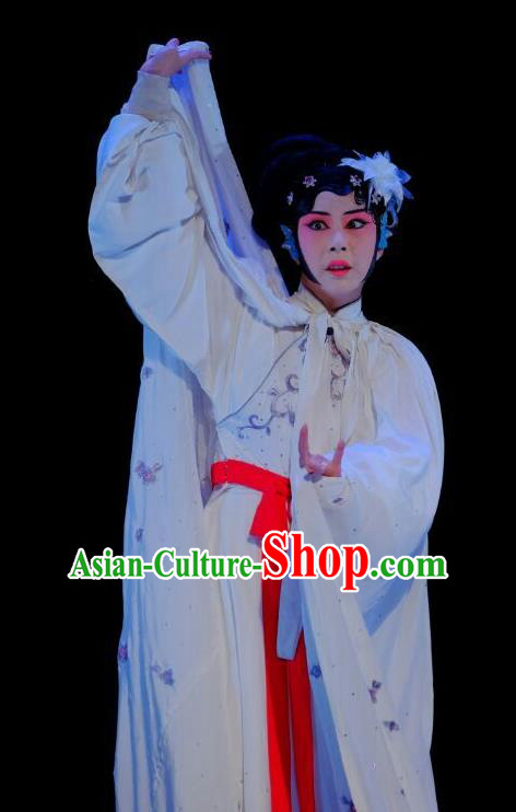 Chinese Beijing Opera Tsing Yi Yan Xijiao Apparels Young Female Costumes and Headdress Wu Long Yuan Traditional Peking Opera Actress White Dress Garment