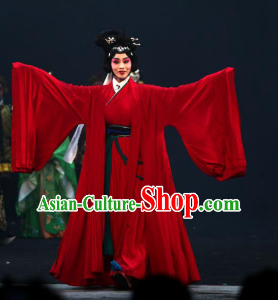 Chinese Beijing Opera Hua Tan Red Apparels Young Female Costumes and Headdress Da Meng Chang Ge Traditional Peking Opera Huadan Dress Diva Jiang Yan Garment