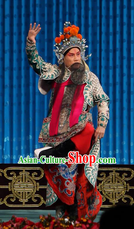 Qun Jie Hua Chinese Peking Opera Military Officer Martial Male Garment Costumes and Headwear Beijing Opera Apparels General Gan Ning Green Armor Clothing