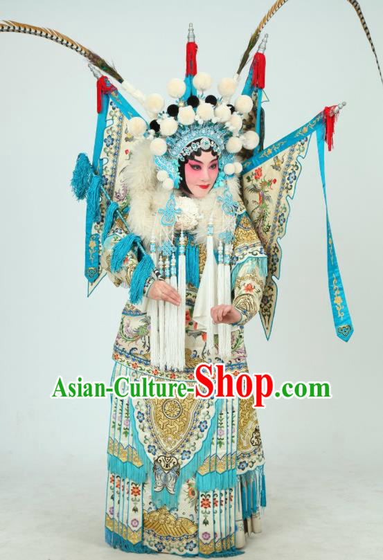 Chinese Beijing Opera Tao Ma Tan Apparels Costumes and Headdress Bai Hua Zeng Jian Traditional Peking Opera Blues Dress Princess Garment Kao Armor Suit with Flags