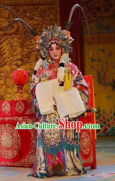 Chinese Beijing Opera Princess Apparels Costumes and Headdress Bai Hua Zeng Jian Traditional Peking Opera Martial Female Dress Hua Tan Garment