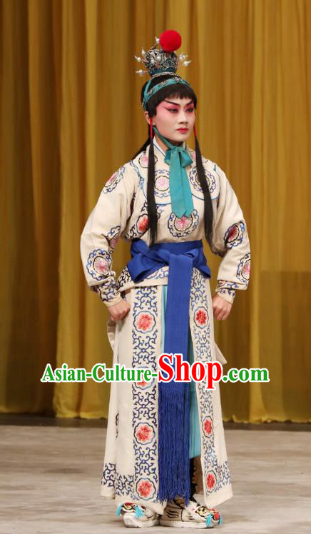 Tun Wu Hen Chinese Peking Opera Young Male Garment Costumes and Headwear Beijing Opera Martial Man Apparels Takefu White Clothing