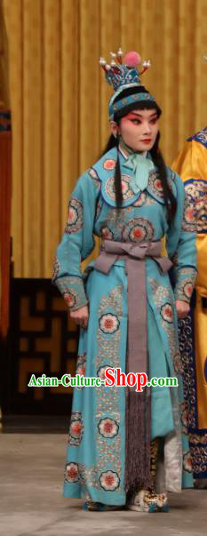 Tun Wu Hen Chinese Peking Opera Wusheng Young Male Garment Costumes and Headwear Beijing Opera Martial Man Apparels Takefu Blue Clothing