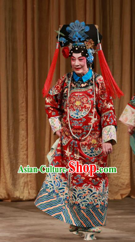Chinese Beijing Opera Noble Mistress Han Cuizhu Apparels Diva Costumes and Headdress Mei Yu Pei Traditional Peking Opera Hua Tan Dress Qing Dynasty Red Garment