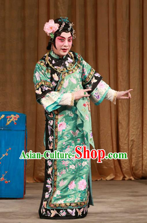 Chinese Beijing Opera Apparels Qing Dynasty Costumes and Headdress Mei Yu Pei Traditional Peking Opera Young Female Green Dress Actress Han Cuizhu Garment