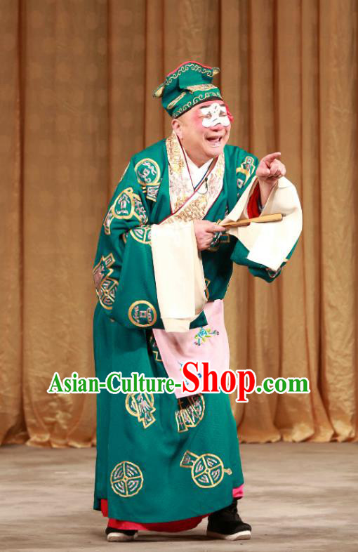 Mei Yu Pei Chinese Peking Opera Rich Childe Zhou Qifang Garment Costumes and Headwear Beijing Opera Chou Apparels Clown Green Clothing