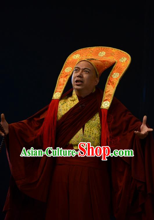 Sixth Panchen Chinese Bangzi Opera Priest Apparels Costumes and Headpieces Traditional Hebei Clapper Opera Monk Garment Lama Clothing