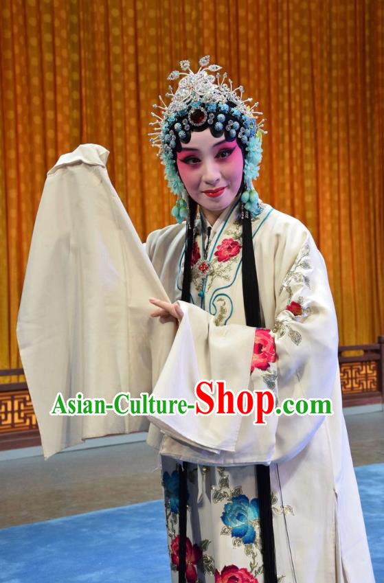 Chinese Jin Opera Hua Tan Bai Suzhen Garment Costumes and Headdress Madam White Snake Traditional Shanxi Opera Young Female White Dress Actress Apparels