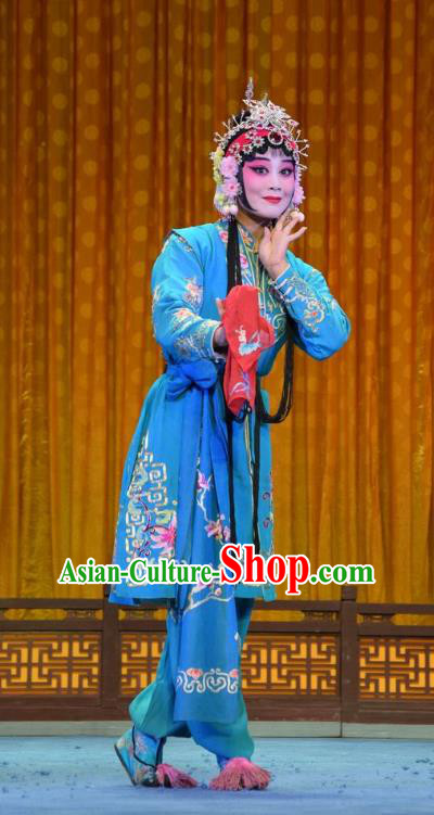 Chinese Jin Opera Xiaodan Garment Costumes and Headdress Madam White Snake Traditional Shanxi Opera Young Lady Blue Dress Maidservant Xiao Qing Apparels