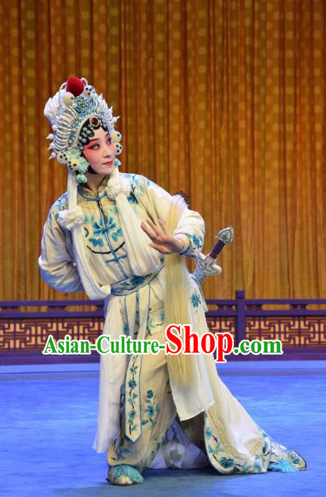 Chinese Jin Opera Martial Female Garment Costumes and Headdress Madam White Snake Traditional Shanxi Opera Swordswoman Dress Actress Bai Suzhen Apparels