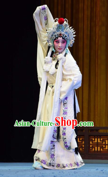 Chinese Jin Opera Martial Female Garment Costumes and Headdress Madam White Snake Traditional Shanxi Opera Actress Dress Swordswoman Bai Suzhen Apparels