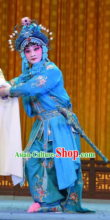 Chinese Jin Opera Martial Woman Garment Costumes and Headdress Madam White Snake Traditional Shanxi Opera Actress Dress Female Swordsman Xiao Qing Blue Apparels