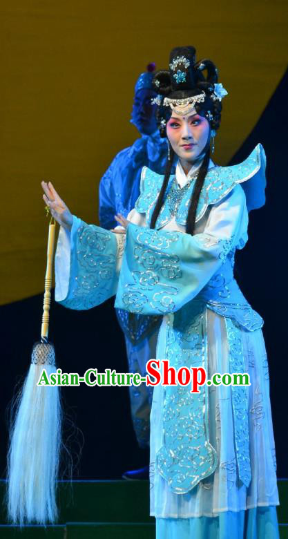 Chinese Hebei Clapper Opera Goddess Garment Costumes and Headdress The Legend of Tenjiku Traditional Bangzi Opera Actress Blue Dress Princess Apparels