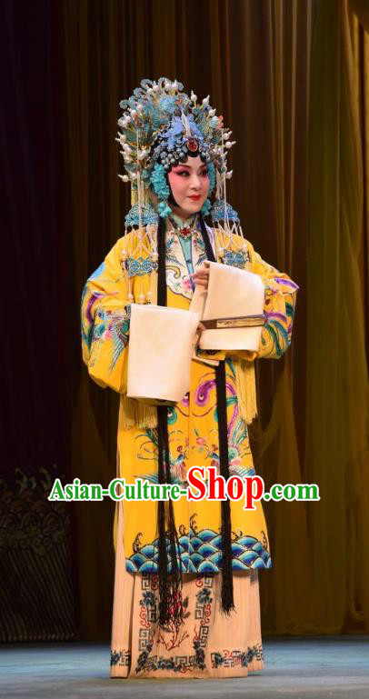 Chinese Jin Opera Court Empress Shen Garment Costumes and Headdress Da Jin Zhi Traditional Shanxi Opera Actress Dress Queen Apparels