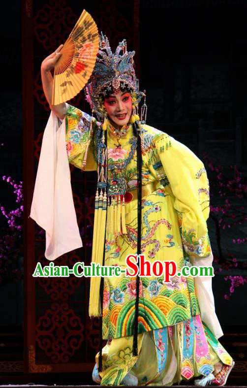 Chinese Jin Opera Diva Garment Costumes and Headdress Da Jin Zhi Traditional Shanxi Opera Hua Tan Dress Princess Shengping Yellow Apparels