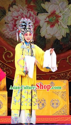 Chinese Jin Opera Actress Yellow Garment Costumes and Headdress Da Jin Zhi Traditional Shanxi Opera Empress Dress Queen Shen Apparels