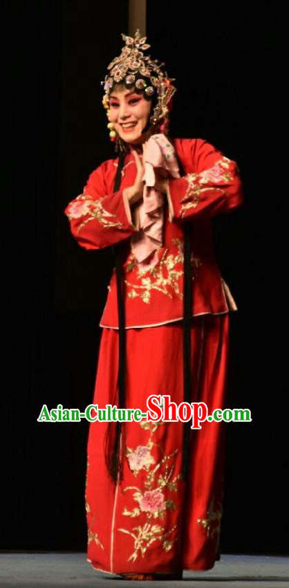 Chinese Jin Opera Young Lady Red Garment Costumes and Headdress Wo Hu Ling Traditional Shanxi Opera Hua Tan Dress Village Girl Apparels