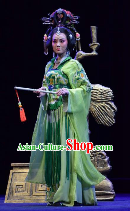 Chinese Jin Opera Imperial Consort Garment Costumes and Headdress Madam Ruyi Traditional Shanxi Opera Hua Tan Green Dress Diva Wu Meiniang Apparels