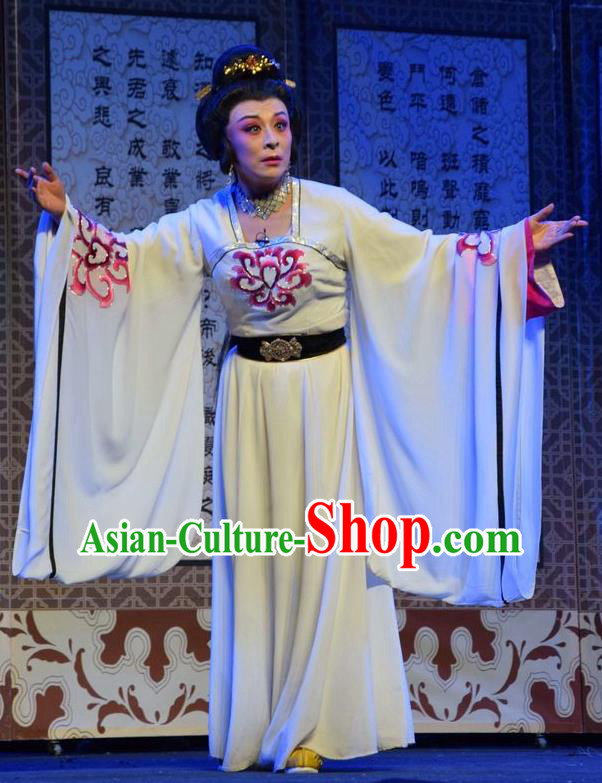 Chinese Jin Opera Noble Queen Garment Costumes and Headdress Madam Ruyi Traditional Shanxi Opera Court Lady White Dress Empress Apparels