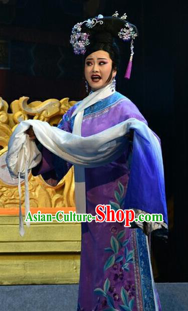 Chinese Jin Opera Court Maid Garment Costumes and Headdress Xiaozhuang Changge Traditional Shanxi Opera Qing Dynasty Palace Lady Purple Dress Apparels